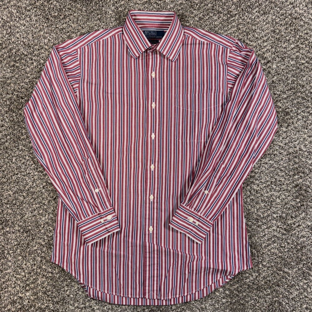 Vintage Polo Ralph Lauren 15 32/33 Curham Striped Shirt Mens Red Blue Cotton